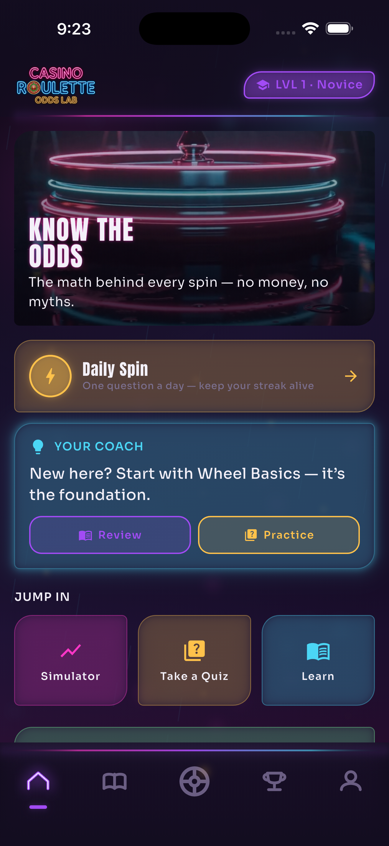 Casino Roulette Odds Lab home screen